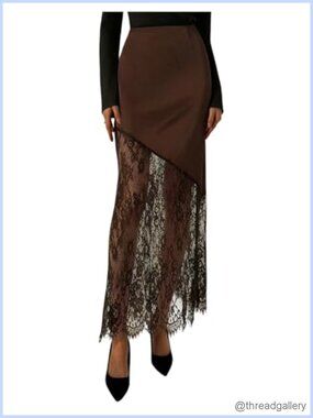 Satin Lace High Waisted A-Line Long Skirt